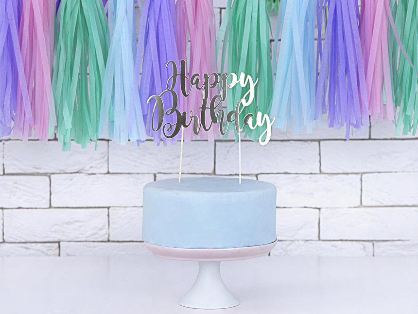 Décor de gâteau Happy Birthday Argenté 22.5cm
