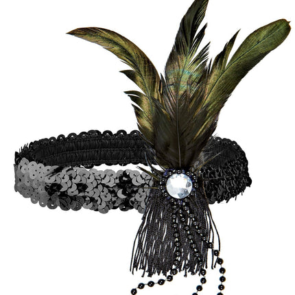 Bandeau noir avec paillettes et plumes