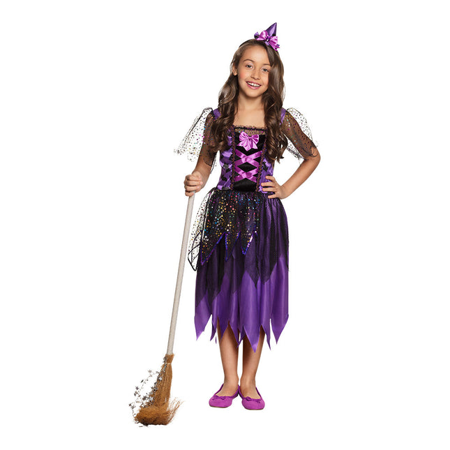 Costume de sorcière d'Halloween enfant violet pailleté