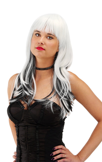 Perruque cheveux longs noirs et blancs