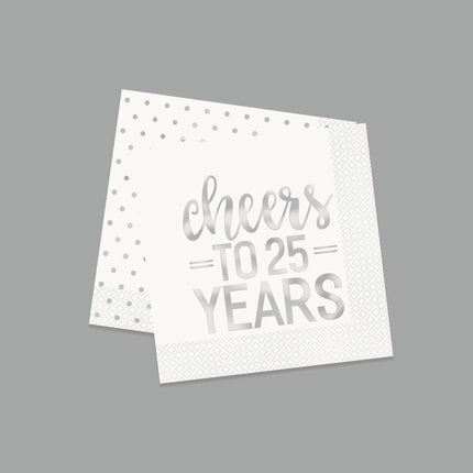 Serviettes de table Cheers To 25 Year Silver 25cm 16pcs