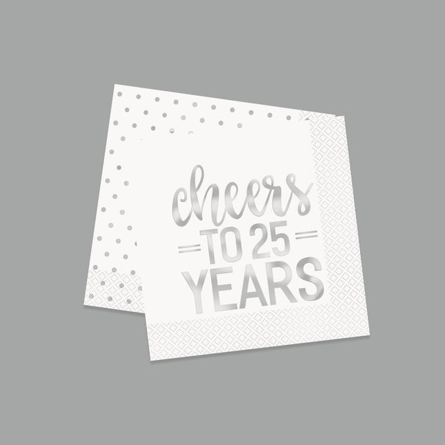Serviettes de table Cheers To 25 Year Silver 25cm 16pcs