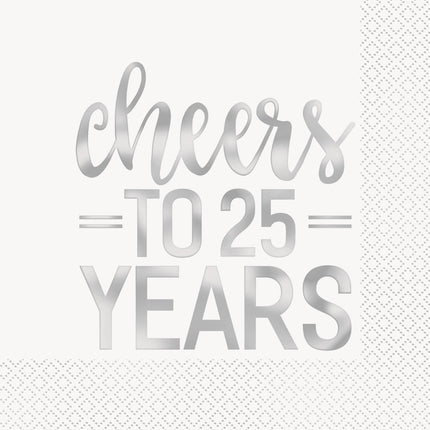 Serviettes de table Cheers To 25 Year Silver 25cm 16pcs