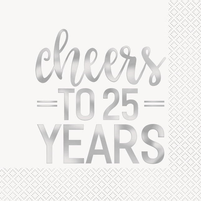 Serviettes de table Cheers To 25 Year Silver 25cm 16pcs