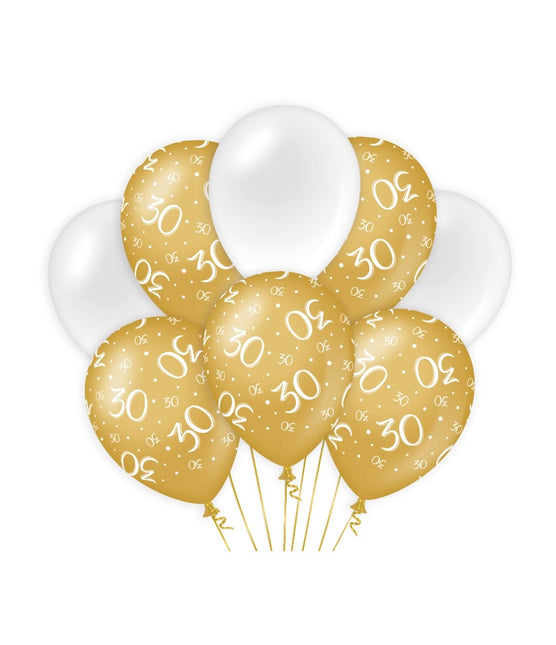 Ballons 30 ans or blanc 30cm 8pcs