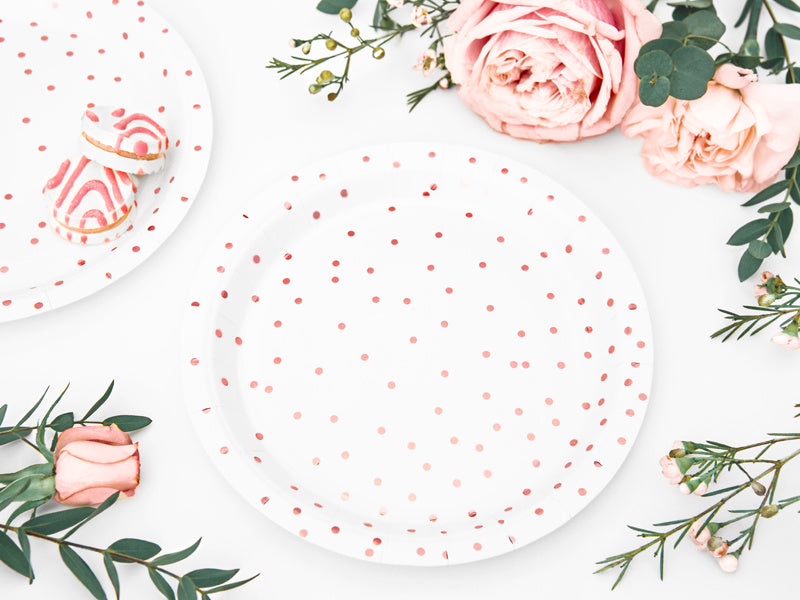 Assiettes blanches à pois or rose 18cm 6pcs