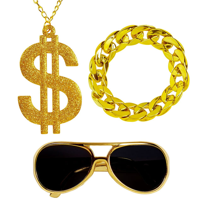 Set d'accessoires de rappeur or 3 pièces