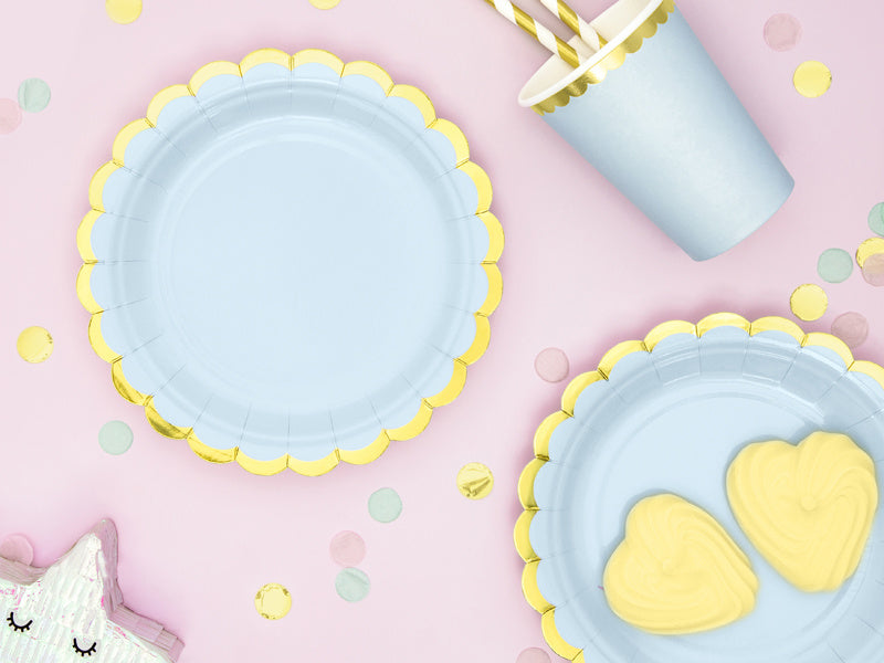 Assiettes en carton bleu clair or 18cm 6pcs