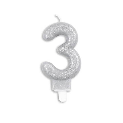 Bougie 3 ans paillettes argentées 7cm