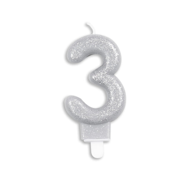 Bougie 3 ans paillettes argentées 7cm