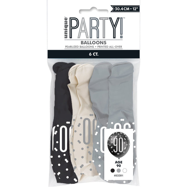 Ballons 90 Years Dots Black 30cm 6pcs