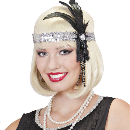 Bandeau argenté avec paillettes et plumes