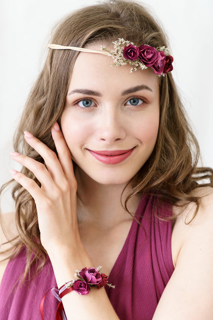 Bandeau floral rouge bordeaux