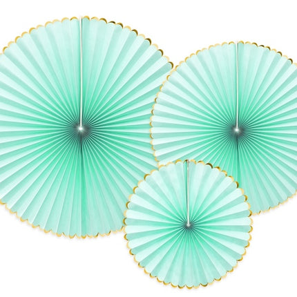 Eventails en papier vert menthe or 23-40cm 3 pièces
