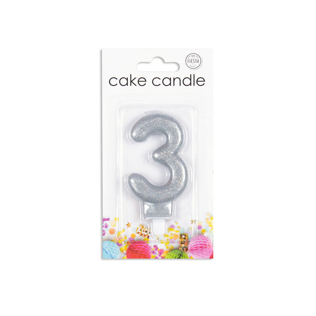 Bougie 3 ans paillettes argentées 7cm