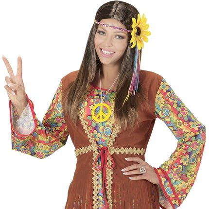 Perruque Hippie 60S brune avec bandeau en forme de tournesol