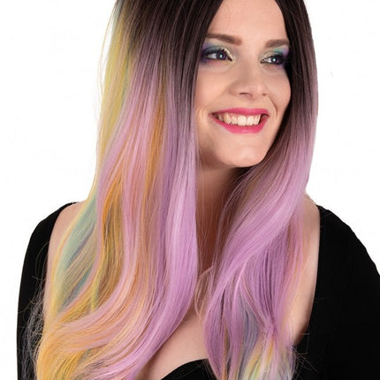 Perruque Selena longue avec boucles arc-en-ciel pastel