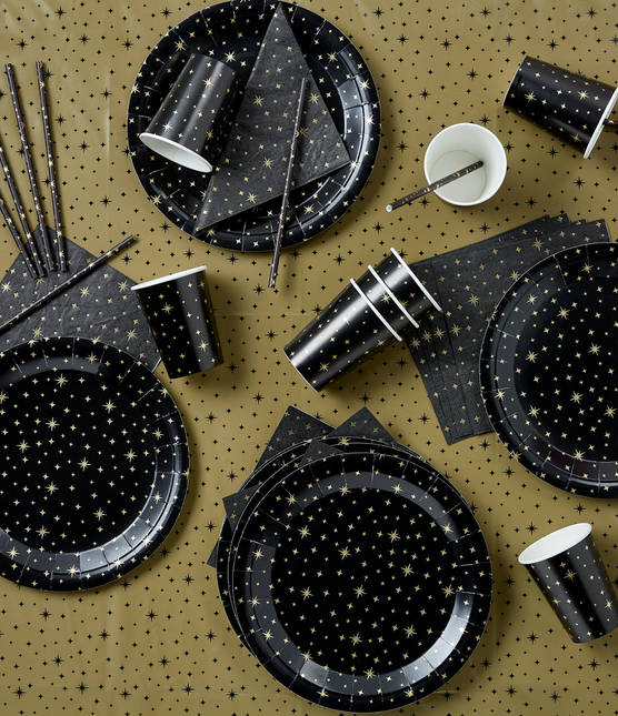 Pailles en papier Étoiles d'or Noir 20cm 8pcs