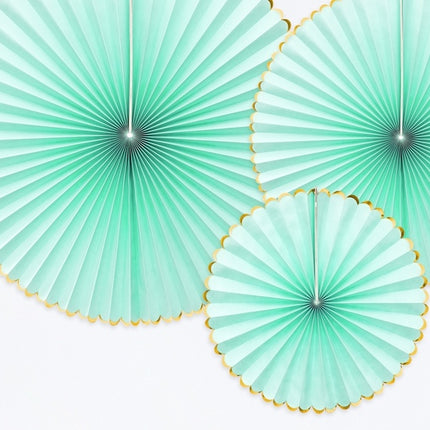 Eventails en papier vert menthe or 23-40cm 3 pièces