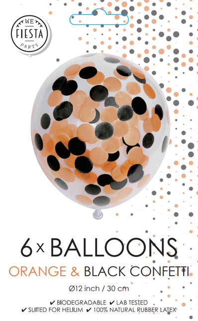 Ballons Confetti Orange Noir 30cm 6pcs