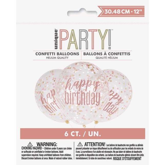 Ballons confettis Happy Birthday Rose Gold 45cm 6pcs