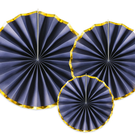 Eventails en papier bleu foncé or 23-40cm 3 pièces