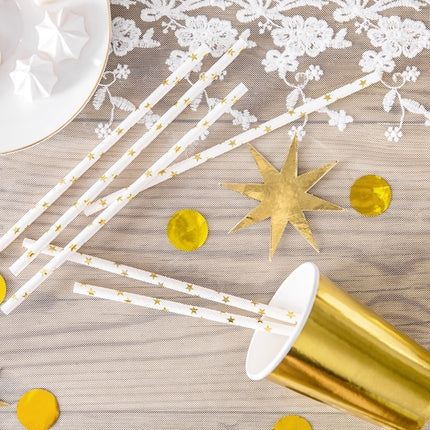 Pailles en papier dorées avec étoiles 19.5cm 10pcs
