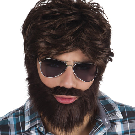Perruque cheveux courts et barbe brune