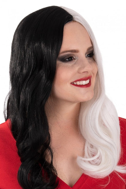 Perruque Selena longue avec boucles noires et blanches