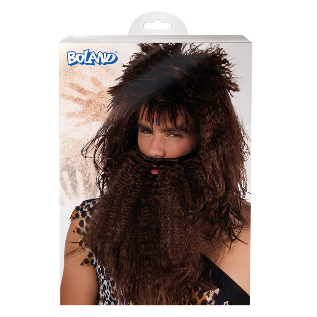 Perruque brune Homme des cavernes avec barbe