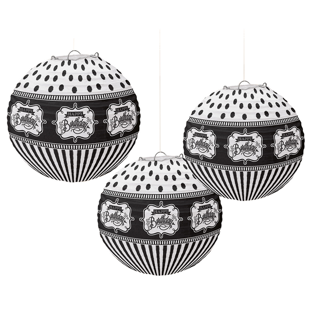 Lanternes d'anniversaire Happy Birthday Noir 24.1cm 3pcs