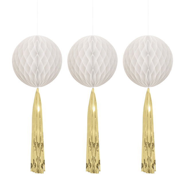 Nid d'abeilles blanc avec pompons dorés 3pcs