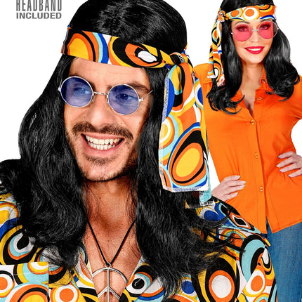 Perruque Disco 70S noire avec bandeau