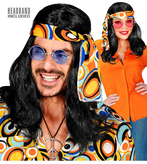 Perruque Disco 70S noire avec bandeau