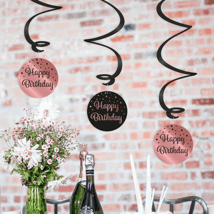 Décoration suspendue 25 ans Joyeux Anniversaire Noir Rose 17cm 3pcs