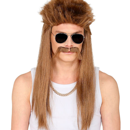 Perruque des années 80 Aso Brown avec moustache