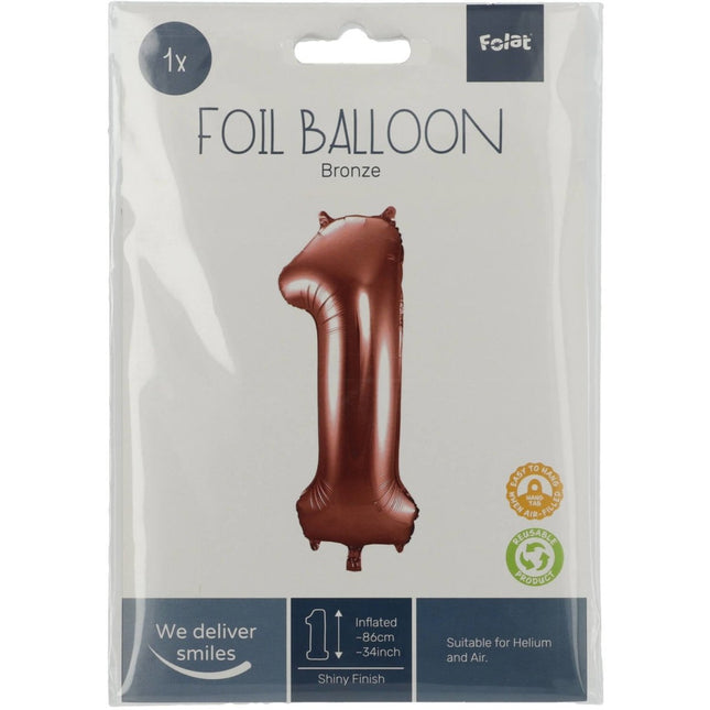 Folie Ballon Cijfer 1 Brons XL 86cm leeg van Folat koop je bij Partywinkel