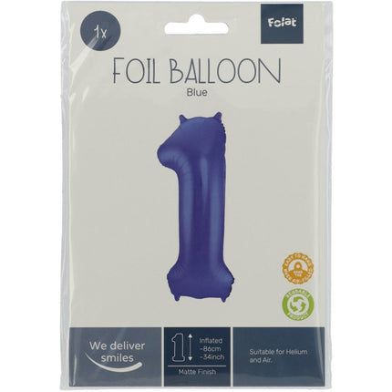 Folie Ballon Cijfer 1 Mat Blauw XL 86cm leeg van Folat koop je bij Partywinkel