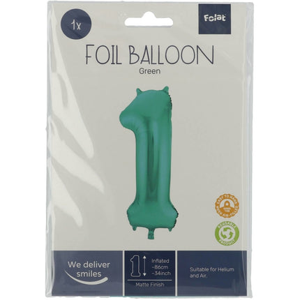 Folie Ballon Cijfer 1 Mat Groen XL 86cm leeg van Folat koop je bij Partywinkel