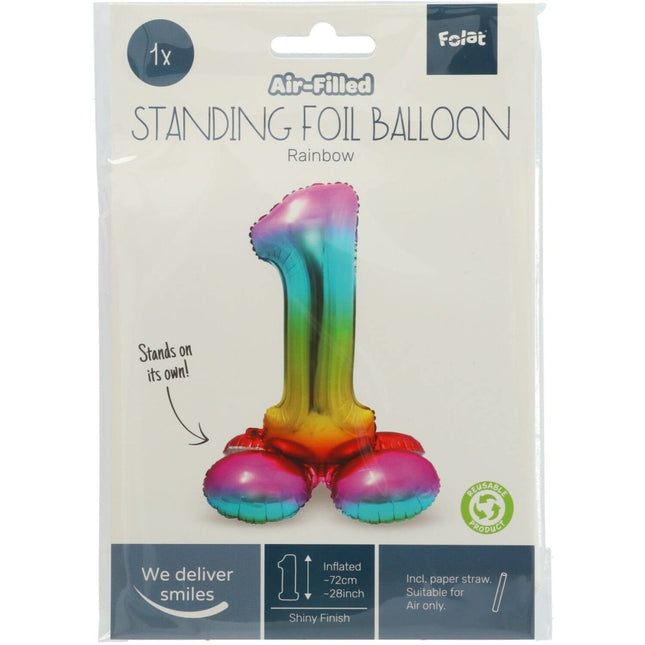 Folie Ballon Cijfer 1 Regenboog met standaard 72cm van Folat koop je bij Partywinkel