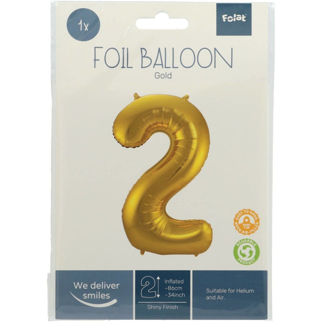 Folie Ballon Cijfer 2 Goud Metallic XL 86cm leeg van Folat koop je bij Partywinkel