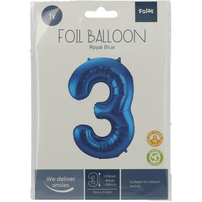 Folie Ballon Cijfer 3 Blauw Metallic XL 86cm leeg van Folat koop je bij Partywinkel