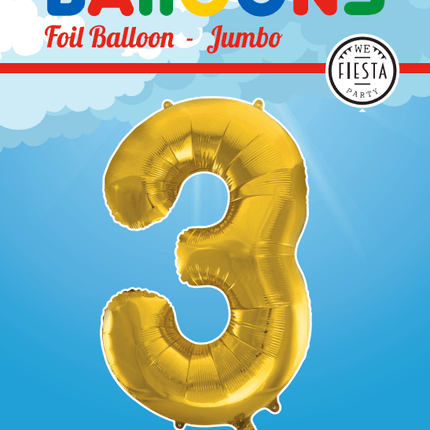 Folie Ballon Cijfer 3 Goud XL 86cm leeg - Partywinkel - 5712735006701