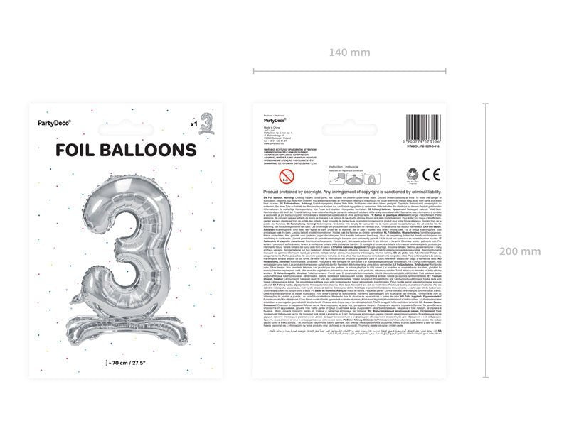 Folie Ballon Cijfer 3 Zilver Standaard Leeg 70cm van Partydeco koop je bij Partywinkel