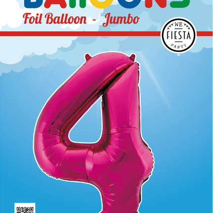 Folie Ballon Cijfer 4 Fuchsia XL 86cm leeg - Partywinkel - 5712735007104