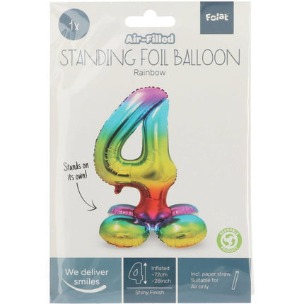 Folie Ballon Cijfer 4 Regenboog met standaard 72cm van Folat koop je bij Partywinkel