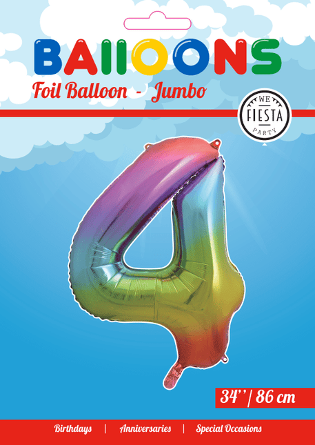 Folie Ballon Cijfer 4 Regenboog XL 86cm leeg van WeFiesta koop je bij Partywinkel