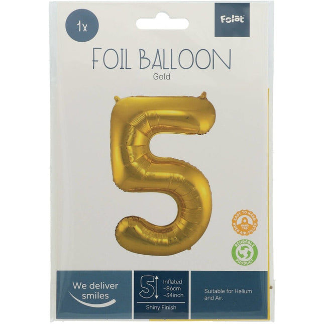 Folie Ballon Cijfer 5 Goud Metallic XL 86cm leeg van Folat koop je bij Partywinkel
