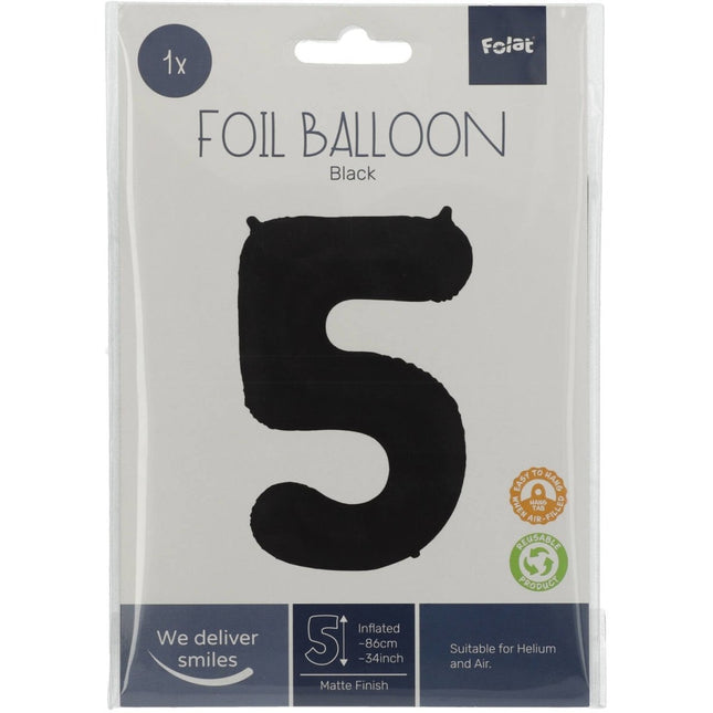 Folie Ballon Cijfer 5 Mat Zwart XL 86cm leeg van Folat koop je bij Partywinkel