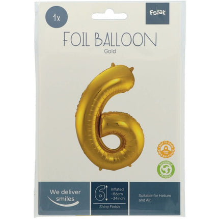 Folie Ballon Cijfer 6 Goud Metallic XL 86cm leeg van Folat koop je bij Partywinkel